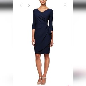 NWT Alex Evenings Surplice Sheath Dress Beaded Hip & Cascade Ruffle Dress Navy